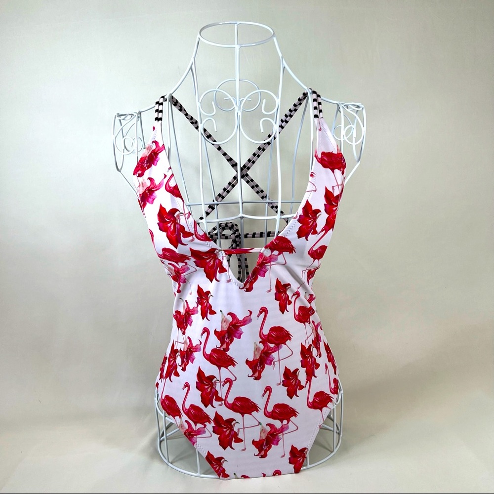 Flamingo One piece bathing suit with plunge neckline